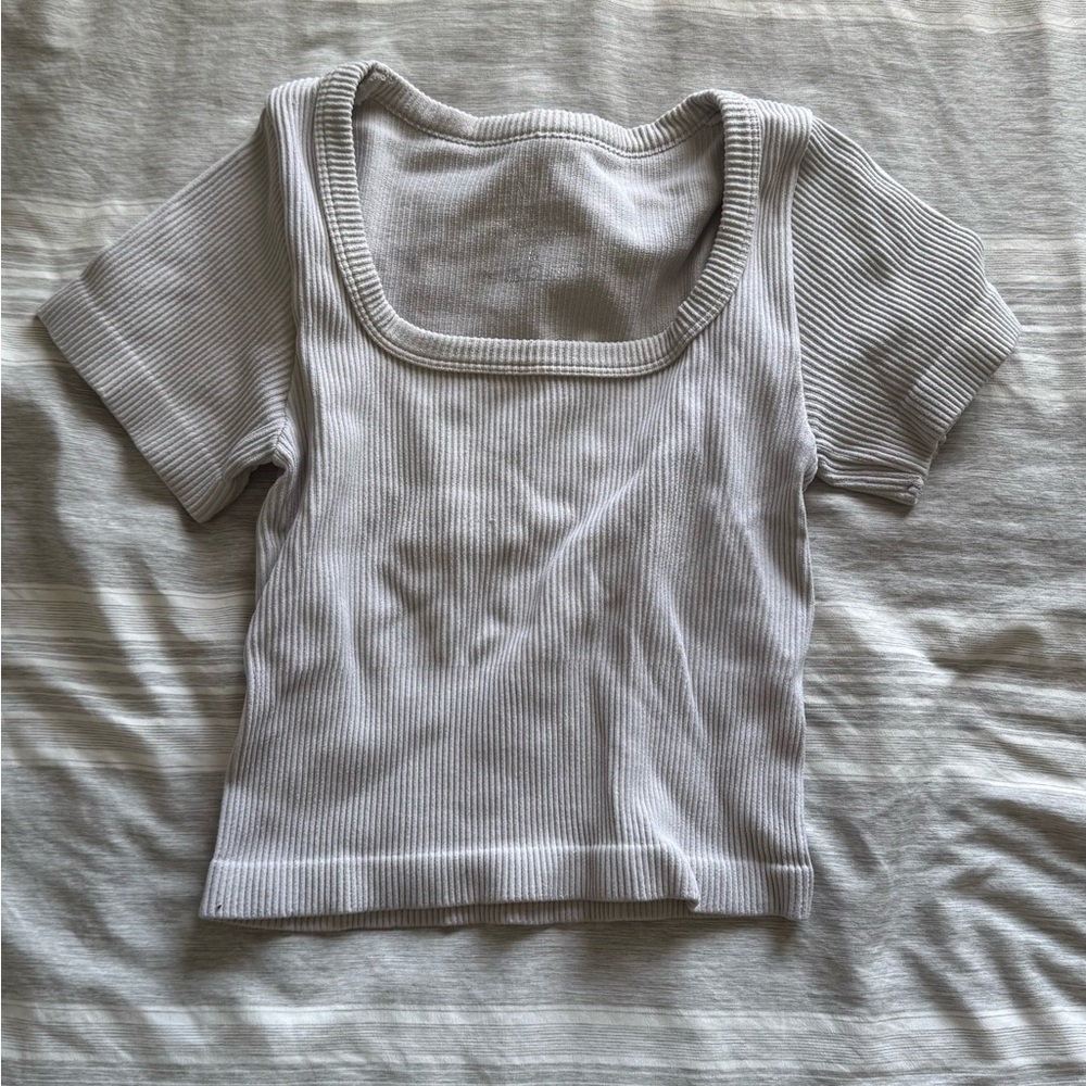 Ribbed Square Neck Short Sleeve Top - White